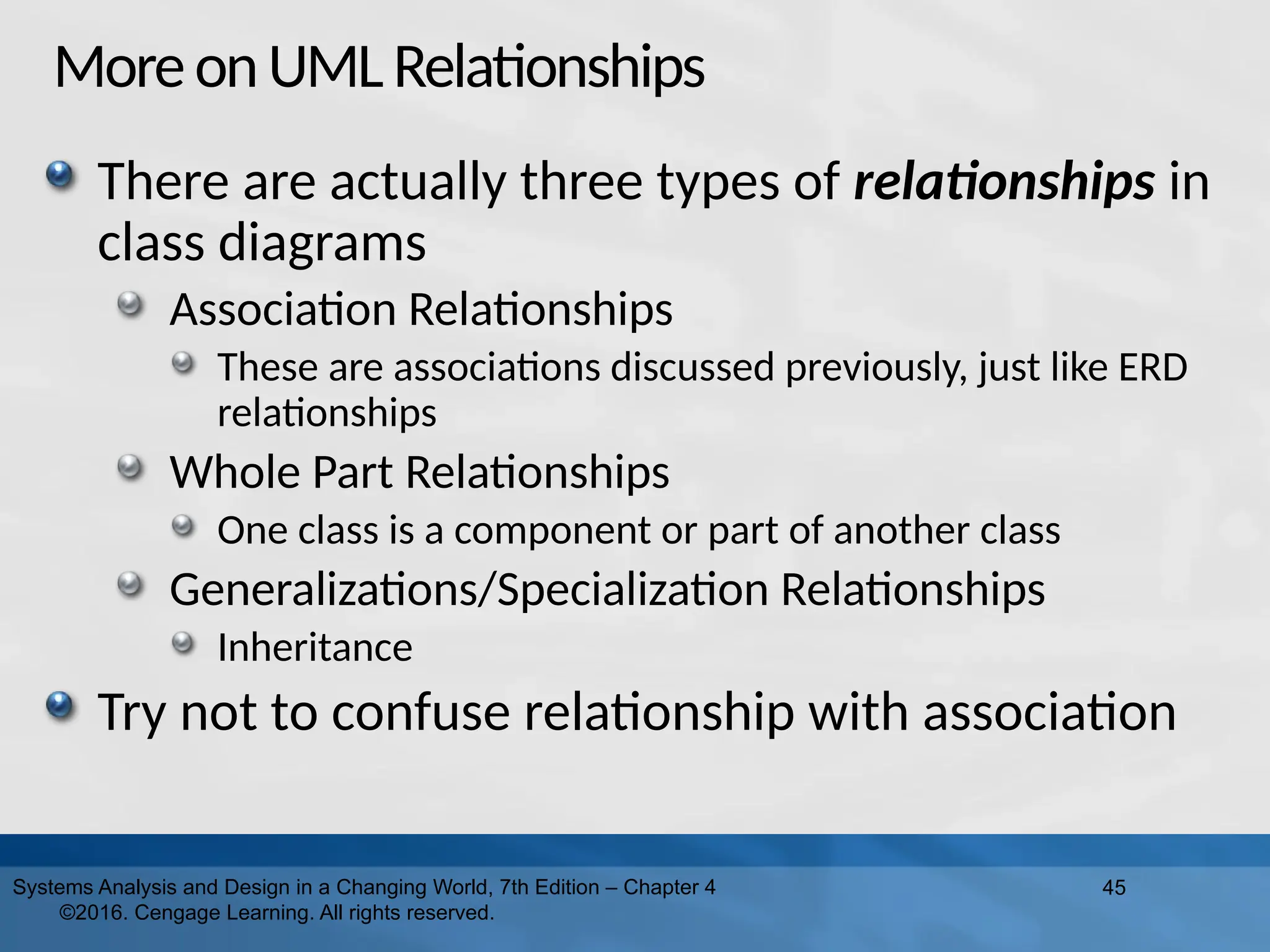 MoreonUMLRelationships
There are actually three types of relationships in
class diagrams
Association Relationships
These are associations discussed previously, just like ERD
relationships
Whole Part Relationships
One class is a component or part of another class
Generalizations/Specialization Relationships
Inheritance
Try not to confuse relationship with association
45
Systems Analysis and Design in a Changing World, 7th Edition – Chapter 4
©2016. Cengage Learning. All rights reserved.
 