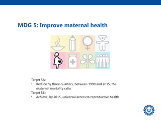 Target 5A:
• Reduce by three quarters, between 1990 and 2015, the
maternal mortality ratio
Target 5B:
• Achieve, by 2015, universal access to reproductive health
MDG 5: Improve maternal health
 