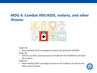 Target 6A:
• Have halted by 2015 and begun to reverse the spread of HIV/AIDS.
Target 6B:
• Achieve, by 2010, universal access to treatment for HIV/AIDS for all those
who need it.
Target 6C:
• Have halted by 2015 and begun to reverse the incidence of malaria and
other major diseases.
MDG 6: Combat HIV/AIDS, malaria, and other
disease.
 
