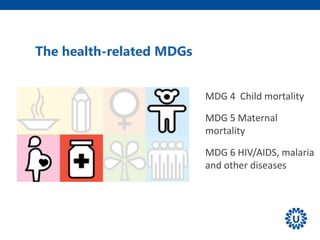 The health-related MDGs
MDG 4 Child mortality
MDG 5 Maternal
mortality
MDG 6 HIV/AIDS, malaria
and other diseases
 