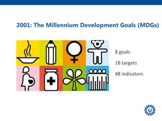 2001: The Millennium Development Goals (MDGs)
8 goals
18 targets
48 indicators
 