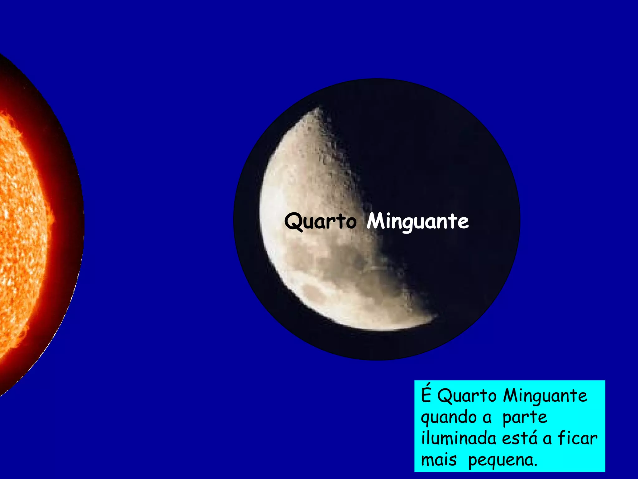 Quarto  Minguante É Quarto Minguante quando a  parte iluminada está a ficar mais  pequena.   
