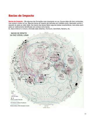 Bacias de Impacto
Bacias de Impacto - São algumas das formações mais importante na Lua. Poucas delas são bem conhecidas,
mas existem muitas na Lua. Algumas bacias de impacto são definidas por múltiplos anéis, depressão central e
deposito de ejeta ao redor delas. Na maioria das bacias faltam algumas destas características, mas ainda assim
pode ser relativamente identificada com certeza como bacias.
Ex. Bacia Imbrium e Crisium, Orientale (lado distante), Humorum, Serenitatis, Nectaris, etc.




                                                                                                                 22
 