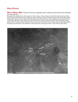 Rima (Fissura)

Rima / Rimae; Rille - Fissura / Fissuras na superfície lunar, sendo que muitas delas foram formadas
por canais de lava.
Exemplos: Rima Agatharchides ,Rima Agricola ,Rima Archytas , Rima Ariadaeus, Rima Billy, Rima Birt, Rima Bradley,
Rima Calippus, Rima Cauchy, Rimae Alphonsus, Rimae Apollonius, Rimae Archimedes, Rimae Bode, Rimae Bürg, Rimae
Doppelmayer, Rimae Gassendi, Rimae Hase, Rimae Herigonius, Rimae Hevelius, Rimae Hippalus, Rimae Hypatia, Rimae
Liebig, Rimae Menelaus, Rimae Mersenius, Rimae Plinius, Rimae Petavius, Rimae Posidonius, Rimae Ramsden, Rimae
Stadius, Rimae Taruntius, Rimae Theaetetus, Rimae Triesnecker, Rima Galilaei, Rimae Ritter, Rima G. Bond, Rima Hadley,
Rima Hyginus, Rima Messier, Rima Milichius, Rima Ptolemaeus (trocada para Catena) , Rima Schroter, Rima Sharp,




                                                                                                                         26
 