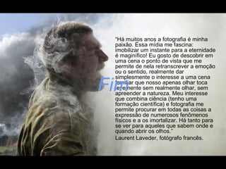 “Há muitos anos a fotografia é minha
 paixão. Essa mídia me fascina:
 imobilizar um instante para a eternidade
 é maginífico! Eu gosto de descobrir em
 uma cena o ponto de vista que me
 permite de nela retranscrever a emoção
 ou o sentido, realmente dar
 simplesmente o interesse a uma cena

Fim
 familiar que nosso apenas olhar toca
 levemente sem realmente olhar, sem
 apreender a natureza. Meu interesse
 que combina ciência (tenho uma
 formação científica) e fotografia me
 permite procurar em todas as coisas a
 expressão de numerosos fenômenos
 físicos e a os imortalizar. Há tanto para
 se ver para aqueles que sabem onde e
 quando abrir os olhos.”
 Laurent Laveder, fotógrafo francês.
 
