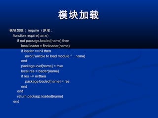 模块加载模块加载
模块加载（模块加载（ requirerequire ）原理：）原理：
function require(name)function require(name)
if not package.loaded[name] thenif not package.loaded[name] then
local loader = findloader(name)local loader = findloader(name)
if loader == nil thenif loader == nil then
error("unable to load module " .. name)error("unable to load module " .. name)
endend
package.load[name] = truepackage.load[name] = true
local res = loader(name)local res = loader(name)
if res ~= nil thenif res ~= nil then
package.loaded[name] = respackage.loaded[name] = res
endend
endend
return package.loaded[name]return package.loaded[name]
endend
 