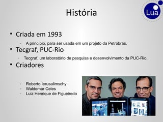 História
• Criada em 1993
• Tecgraf, PUC-Rio
• Criadores
- Roberto Ierusalimschy
- Waldemar Celes
- Luiz Henrique de Figueiredo
- Tecgraf, um laboratório de pesquisa e desenvolvimento da PUC-Rio.
- A princípio, para ser usada em um projeto da Petrobras.
 