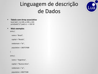 • Tabela com Array associativo
local tab2 = {x=100, y=200, z=50}
print(tab2[“y”],tab2.z) --> 200 50
• Mais exemplos
entry {
name = "Brasil",
capital = "Braslia",
netdomain = "br",
population = 186757608
}
entry {
name = "Argentina",
capital = "Buenos Aires",
netdomain = "ar",
population = 40677348
Linguagem de descrição
de Dados
 