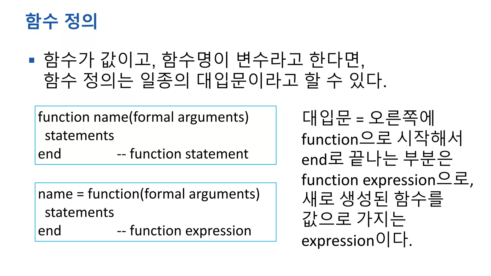  함수가 값이고, 함수명이 변수라고 한다면,
함수 정의는 일종의 대입문이라고 할 수 있다.
함수 정의
function name(formal arguments)
statements
end -- function statement
name = function(formal arguments)
statements
end -- function expression
대입문 = 오른쪽에
function으로 시작해서
end로 끝나는 부분은
function expression으로,
새로 생성된 함수를
값으로 가지는
expression이다.
 