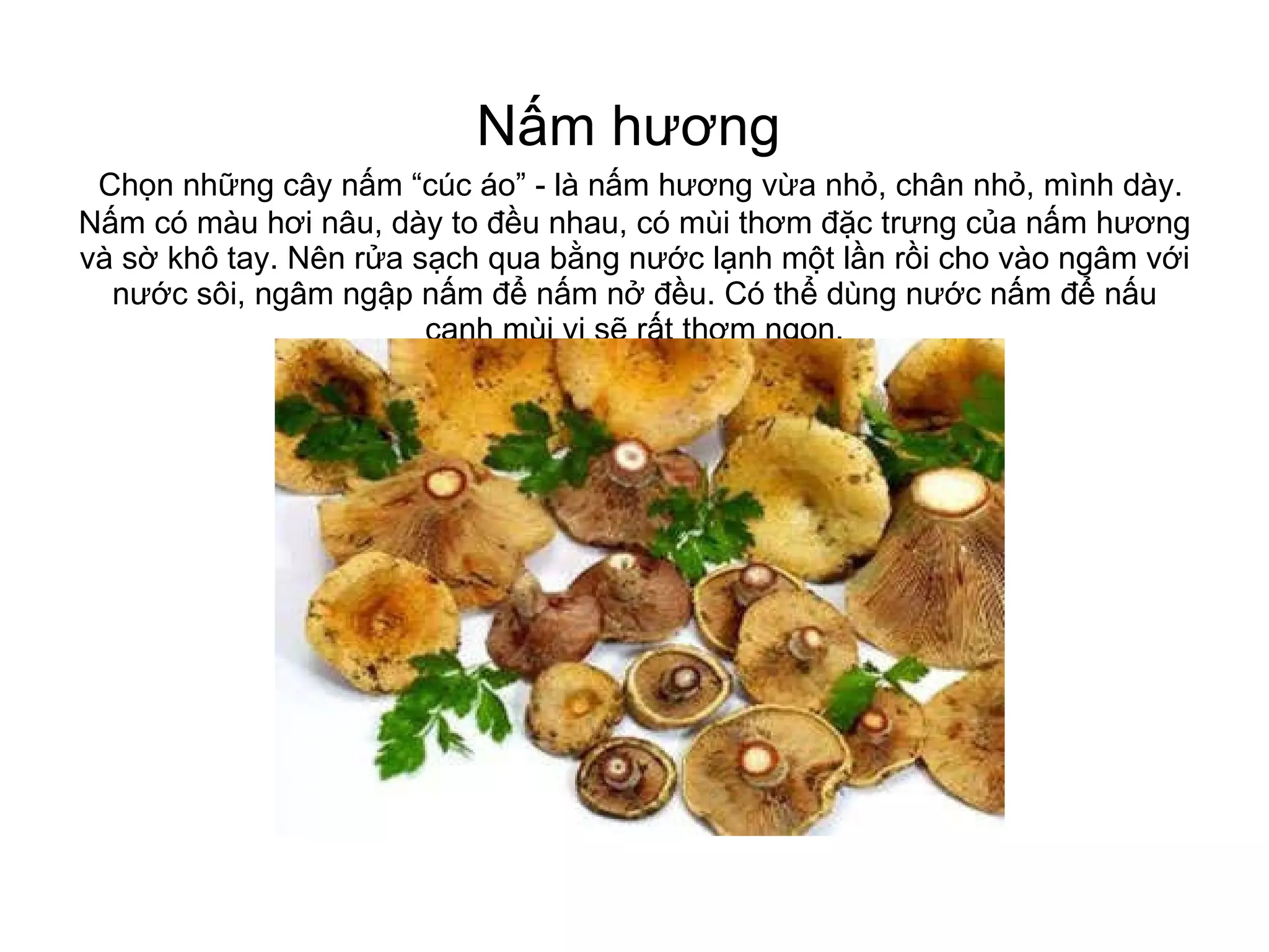 Nấm hương     Chọn những cây nấm “cúc áo” - là nấm hương vừa nhỏ, chân nhỏ, mình dày. Nấm có màu hơi nâu, dày to đều nhau, có mùi thơm đặc trưng của nấm hương và sờ khô tay. Nên rửa sạch qua bằng nước lạnh một lần rồi cho vào ngâm với nước sôi, ngâm ngập nấm để nấm nở đều. Có thể dùng nước nấm để nấu canh mùi vị sẽ rất thơm ngon. 