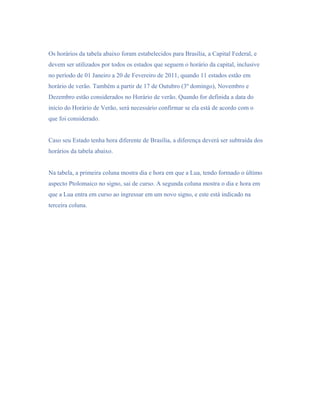 Os horários da tabela abaixo foram estabelecidos para Brasília, a Capital Federal, e
devem ser utilizados por todos os estados que seguem o horário da capital, inclusive
no período de 01 Janeiro a 20 de Fevereiro de 2011, quando 11 estados estão em
horário de verão. Também a partir de 17 de Outubro (3º domingo), Novembro e
Dezembro estão considerados no Horário de verão. Quando for definida a data do
início do Horário de Verão, será necessário confirmar se ela está de acordo com o
que foi considerado.


Caso seu Estado tenha hora diferente de Brasília, a diferença deverá ser subtraída dos
horários da tabela abaixo.


Na tabela, a primeira coluna mostra dia e hora em que a Lua, tendo formado o último
aspecto Ptolomaico no signo, sai de curso. A segunda coluna mostra o dia e hora em
que a Lua entra em curso ao ingressar em um novo signo, e este está indicado na
terceira coluna.
 