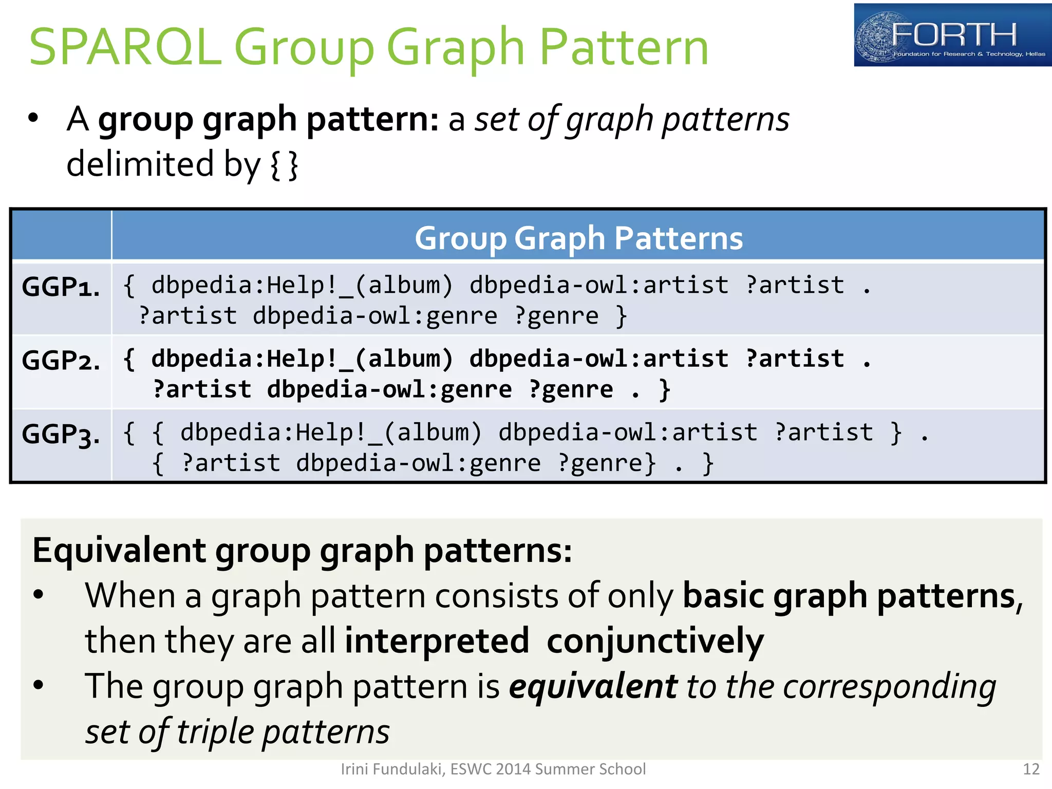 SPARQL 
Group 
Graph 
Pattern 
• A 
group 
graph 
pattern: 
a 
set 
of 
graph 
patterns 
delimited 
by 
{ 
} 
Group 
Graph 
Patterns 
GGP1. 
{ 
dbpedia:Help!_(album) 
dbpedia-­‐owl:artist 
?artist 
. 
?artist 
dbpedia-­‐owl:genre 
?genre 
} 
GGP2. 
{ 
dbpedia:Help!_(album) 
dbpedia-­‐owl:artist 
?artist 
. 
?artist 
dbpedia-­‐owl:genre 
?genre 
. 
} 
GGP3. 
{ 
{ 
dbpedia:Help!_(album) 
dbpedia-­‐owl:artist 
?artist 
} 
. 
{ 
?artist 
dbpedia-­‐owl:genre 
?genre} 
. 
} 
Equivalent 
group 
graph 
patterns: 
• When 
a 
graph 
pattern 
consists 
of 
only 
basic 
graph 
patterns, 
then 
they 
are 
all 
interpreted 
conjunctively 
• The 
group 
graph 
pattern 
is 
equivalent 
to 
the 
corresponding 
set 
of 
triple 
patterns 
Irini 
Fundulaki, 
ESWC 
2014 
Summer 
School 
12 
 