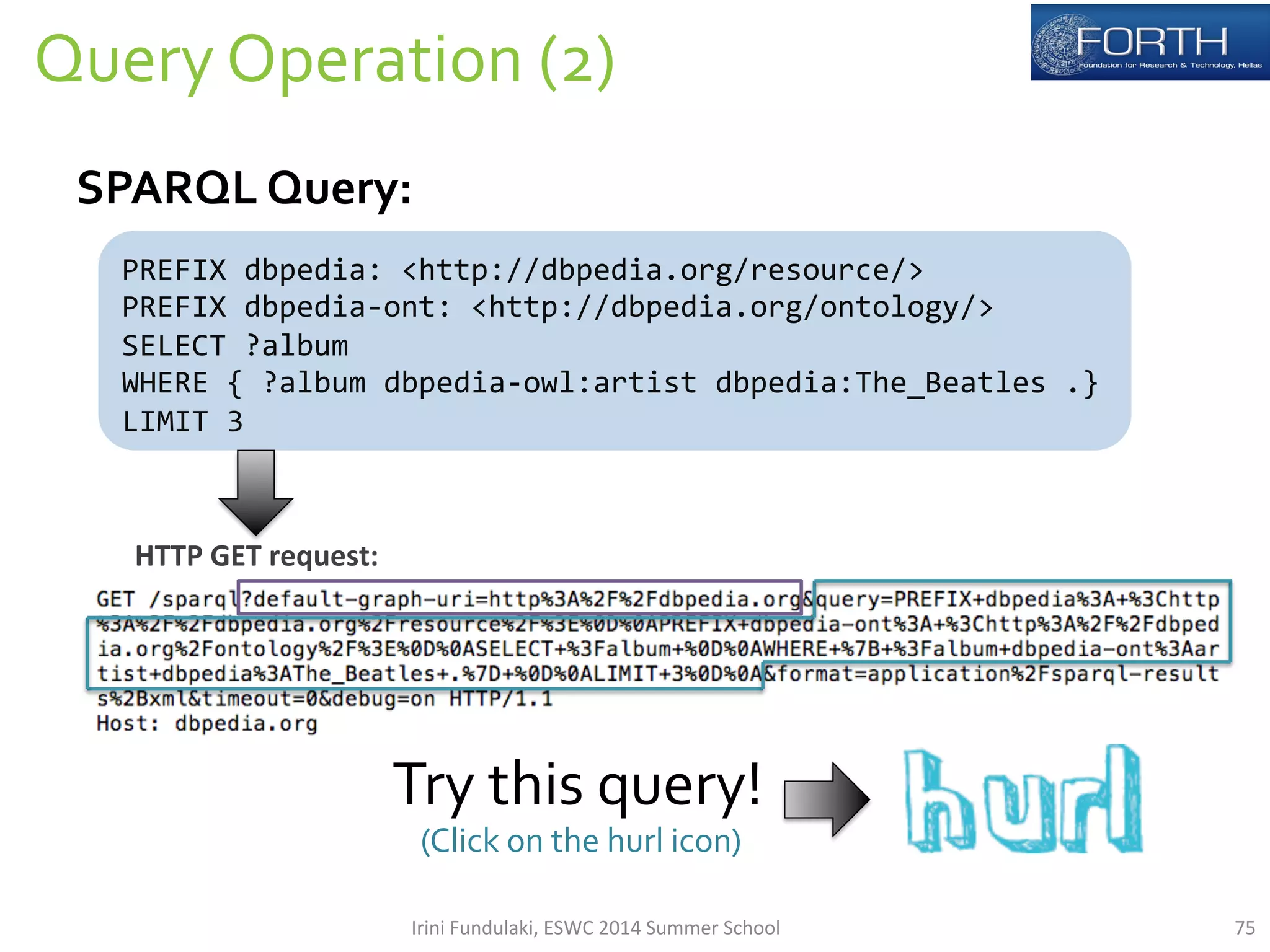 75 
Query 
Operation 
(2) 
SPARQL 
Query: 
PREFIX 
dbpedia: 
<http://dbpedia.org/resource/> 
PREFIX 
dbpedia-­‐ont: 
<http://dbpedia.org/ontology/> 
SELECT 
?album 
WHERE 
{ 
?album 
dbpedia-­‐owl:artist 
dbpedia:The_Beatles 
.} 
LIMIT 
3 
HTTP 
GET 
request: 
Try 
this 
query! 
(Click 
on 
the 
hurl 
icon) 
Irini 
Fundulaki, 
ESWC 
2014 
Summer 
School 
 
