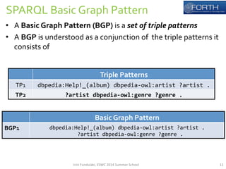 SPARQL 
Basic 
Graph 
Pattern 
• A 
Basic 
Graph 
Pattern 
(BGP) 
is 
a 
set 
of 
triple 
patterns 
• A 
BGP 
is 
understood 
as 
a 
conjunction 
of 
the 
triple 
patterns 
it 
consists 
of 
Triple 
Patterns 
TP1 
dbpedia:Help!_(album) 
dbpedia-­‐owl:artist 
?artist 
. 
TP2 
?artist 
dbpedia-­‐owl:genre 
?genre 
. 
Basic 
Graph 
Pattern 
BGP1 
dbpedia:Help!_(album) 
dbpedia-­‐owl:artist 
?artist 
. 
?artist 
dbpedia-­‐owl:genre 
?genre 
. 
Irini 
Fundulaki, 
ESWC 
2014 
Summer 
School 
11 
 
