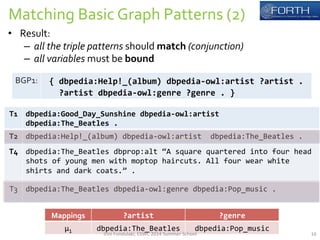 Matching 
Basic 
Graph 
Patterns 
(2) 
• Result: 
– all 
the 
triple 
patterns 
should 
match 
(conjunction) 
– all 
variables 
must 
be 
bound 
T1 
dbpedia:Good_Day_Sunshine 
dbpedia-­‐owl:artist 
dbpedia:The_Beatles 
. 
T2 
dbpedia:Help!_(album) 
dbpedia-­‐owl:artist 
dbpedia:The_Beatles 
. 
T4 
dbpedia:The_Beatles 
dbprop:alt 
“A 
square 
quartered 
into 
four 
head 
shots 
of 
young 
men 
with 
moptop 
haircuts. 
All 
four 
wear 
white 
shirts 
and 
dark 
coats.” 
. 
T3 
dbpedia:The_Beatles 
dbpedia-­‐owl:genre 
dbpedia:Pop_music 
. 
Mappings 
?artist 
?genre 
μ1 
dbpedia:The_Beatles 
dbpedia:Pop_music 
BGP1: 
{ 
dbpedia:Help!_(album) 
dbpedia-­‐owl:artist 
?artist 
. 
?artist 
dbpedia-­‐owl:genre 
?genre 
. 
} 
Irini 
Fundulaki, 
ESWC 
2014 
Summer 
School 
16 
 