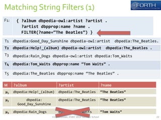 Matching 
String 
Filters 
(1) 
T1 
dbpedia:Good_Day_Sunshine 
dbpedia-­‐owl:artist 
dbpedia:The_Beatles. 
T2 
dbpedia:Help!_(album) 
dbpedia-­‐owl:artist 
dbpedia:The_Beatles 
. 
T3 
dbpedia:Rain_Dogs 
dbpedia-­‐owl:artist 
dbpedia:Tom_Waits 
T4 
dbpedia:Tom_Waits 
dbpprop:name 
“Tom 
Waits” 
. 
T5 
dbpedia:The_Beatles 
dbpprop:name 
“The 
Beatles” 
. 
F1: 
{ 
?album 
dbpedia-­‐owl:artist 
?artist 
. 
?artist 
dbpprop:name 
?name 
. 
FILTER(?name=“The 
Beatles”) 
} 
M 
?album 
?artist 
?name 
μ1 
dbpedia:Help!_(album) 
dbpedia:The_Beatles 
“The 
Beatles” 
μ2 
dbpedia: 
Good_Day_Sunshine 
dbpedia:The_Beatles 
“The 
Beatles” 
μ3 
dbpedia:Rain_Dogs 
dbpedia:Tom_Waits 
“Tom 
Waits” 
Irini 
Fundulaki, 
ESWC 
2014 
Summer 
School 
22 
 