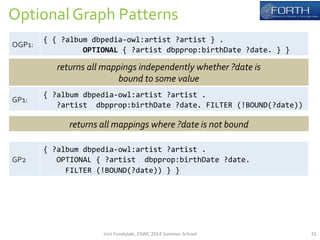 Optional 
Graph 
Patterns 
OGP1: 
{ 
{ 
?album 
dbpedia-­‐owl:artist 
?artist 
} 
. 
OPTIONAL 
{ 
?artist 
dbpprop:birthDate 
?date. 
} 
} 
GP1: 
returns 
all 
mappings 
independently 
whether 
?date 
is 
bound 
to 
some 
value 
{ 
?album 
dbpedia-­‐owl:artist 
?artist 
. 
?artist 
dbpprop:birthDate 
?date. 
FILTER 
(!BOUND(?date)) 
GP2 
returns 
all 
mappings 
where 
?date 
is 
not 
bound 
{ 
?album 
dbpedia-­‐owl:artist 
?artist 
. 
OPTIONAL 
{ 
?artist 
dbpprop:birthDate 
?date. 
FILTER 
(!BOUND(?date)) 
} 
} 
Irini 
Fundulaki, 
ESWC 
2014 
Summer 
School 
31 
 