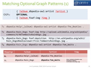 Matching 
Optional 
Graph 
Patterns 
(1) 
T1 
dbpedia:Help!_(album) 
dbpedia-­‐owl:artist 
dbpedia:The_Beatles 
. 
T2 
dbpedia:Rain_Dogs 
foaf:img 
http://upload.wikimedia.org/wikipedia/ 
commons/4/46TomWaitsRainDogs.jpg 
. 
T3 
dbpedia:Rain_Dogs 
foaf:depiction 
http://en.wikipedia.org/wiki/ 
Rain_Dogs#mediaviewer/File:TomWaitsRainDogs.jpg 
. 
T4 
dbpedia:Rain_Dogs 
dbpedia-­‐owl:artist 
dbpedia:Tom_Waits 
. 
OGP1: 
{ 
?album 
dbpedia-­‐owl:artist 
?artist 
} 
OPTIONAL 
{ 
?album 
foaf:img 
?img 
} 
μ1 
dbpedia:Help!_(album) 
dbpedia:The_Beatles 
μ2 
dbpedia:Rain_Dogs 
dbpedia:Tom_Waits 
http://upload.wikimedia.org/ 
wikipedia/commons/ 
4/46TomWaitsRainDogs.jpg 
Mappings 
?album 
?artist 
?img 
Irini 
Fundulaki, 
ESWC 
2014 
Summer 
School 
32 
 