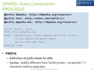 SPARQL 
Query 
Components: 
PROLOGUE 
@prefix 
dbpedia: 
<http://dbpedia.org/resource/> 
@prefix 
foaf: 
<http://xmlns.com/foaf/0.1/> 
@prefix 
dppedia-­‐owl: 
<http://dbpedia.org/resource/> 
SELECT 
?artist, 
?genre 
FROM 
<http://dbpedia.org> 
WHERE 
{ 
dbpedia:Help!_(album) 
dbpedia-­‐owl:artist 
?artist. 
?artist 
dbpedia-­‐owl:genre 
?genre 
. 
?artist 
foaf:name 
?name 
} 
ORDER 
BY 
?name 
• PREFIX 
– Definition 
of 
prefix 
labels 
for 
URIs 
– Syntax: 
Subtly 
different 
from 
Turtle 
syntax 
– 
no 
period 
(“.”) 
character 
used 
as 
separator 
Irini 
Fundulaki, 
ESWC 
2014 
Summer 
School 
39 
 