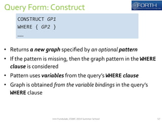Query 
Form: 
Construct 
CONSTRUCT 
• Returns 
a 
new 
graph 
specified 
by 
an 
optional 
pattern 
• If 
the 
pattern 
is 
missing, 
then 
the 
graph 
pattern 
in 
the 
WHERE 
clause 
is 
considered 
• Pattern 
uses 
variables 
from 
the 
query’s 
WHERE 
clause 
• Graph 
is 
obtained 
from 
the 
variable 
bindings 
in 
the 
query’s 
WHERE 
clause 
GP1 
WHERE 
{ 
GP2 
} 
…… 
Irini 
Fundulaki, 
ESWC 
2014 
Summer 
School 
57 
 