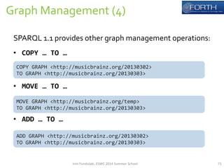 Graph 
Management 
(4) 
71 
SPARQL 
1.1 
provides 
other 
graph 
management 
operations: 
• COPY 
… 
TO 
… 
COPY 
GRAPH 
<http://musicbrainz.org/20130302> 
TO 
GRAPH 
<http://musicbrainz.org/20130303> 
• MOVE 
… 
TO 
… 
MOVE 
GRAPH 
<http://musicbrainz.org/temp> 
TO 
GRAPH 
<http://musicbrainz.org/20130303> 
• ADD 
… 
TO 
… 
ADD 
GRAPH 
<http://musicbrainz.org/20130302> 
TO 
GRAPH 
<http://musicbrainz.org/20130303> 
Irini 
Fundulaki, 
ESWC 
2014 
Summer 
School 
 