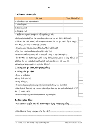 95


2. Gía mua và thuê đất
                                      Gía mua                                                  Tổng diện tích(ha)
1. Đất bằng có độ màu cao (trđ)
2. Đất dốc (trđ)
3. Đất rừng (trđ)
4. Đất khác (trđ)
Ý kiến của người nông dân về nguồn lực đất:
- Diện tích đất cảu hộ đủ cho nhu cầu tự cấp tự túc của hộ? đủ (1); không (2)
- Nếu ko làm cách nào có thể thỏa mãn các nhu cầu của gia đình? lấy từ rừng(1),
thuê đất(2), thu nhập từ PNN(3), Khác(4)
- Gia đình cảm thấy đủ đất cho NN chưa?đủ (1); không (2)
- Nếu chưa gia đình cần thêm bao nhiêu nữa? (ha)
- Gia đình có kế hoạch thay đổi sử dụng đất không? Có (1); không có(2)
- Lý do? Nhu cầu thị trường(1), chất lượng đất bị giảm(2), cơ sở hạ tầng thấp(3), ko
phù hợp cho sản xuất cây trồng(4), chính sách của nhà nước (5), khác (6)
- Gia đình sẽ sử dụng diện tích đó như thế nào?.....................................................................
3. Rừng của gia đình, rừng cộng đồng
a. Rừng của gia đình
- Rừng tự nhiên (ha)
- Rừng thoái hóa (ha)
- Rừng trồng (ha)
- Gia đình được quyền sử dụng diện tích rừng này trong bao lâu (năm)
- Gia đình có tham gia các chương trình trồng rừng của nhà nước như( ctình 327)?
Có (1); không có(2)
- Gia đình nhận được thu nhập bao nhiêu một năm(trđ)

b. Rừng cộng đồng
- Gia đình có quyền như thế nào trong sử dụng rừng cộng đồng?.....................
.............................................................................................................................
- Gia đình sử dụng rừng đó như thế nào?...........................................................
.............................................................................................................................


 Số hóa bởi Trung tâm Học liệu – Đại học Thái Nguyên                                          http://www.lrc-tnu.edu.vn
 