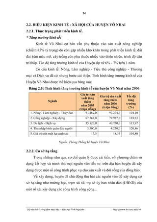 34


2.2. ĐIỀU KIỆN KINH TẾ - XÃ HỘI CỦA HUYỆN VÕ NHAI
2.2.1. Thực trạng phát triển kinh tế.
* Tăng trưởng kinh tế:
       Kinh tế Võ Nhai cơ bản vẫn phụ thuộc vào sản xuất nông nghiệp
(chiếm 85% tỷ trọng) do còn gặp nhiều khó khăn trong phát triển kinh tế, đất
đai kém màu mỡ, cây trồng còn phụ thuộc nhiều vào thiên nhiên, trình độ dân
trí thấp. Tốc độ tăng trưởng kinh tế của Huyện đạt từ 6% - 7% trên 1 năm.
       Cơ cấu kinh tế: Nông, Lâm nghiệp - Tiểu thủ công nghiệp - Thương
mại và Dịch vụ đã có nhưng bước cải thiện. Tình hình tăng trưởng kinh tế của
Huyện Võ Nhai được thể hiện qua bảng sau:
 Bảng 2.5: Tình hình tăng trƣởng kinh tế của huyện Võ Nhai năm 2006
                                               Gía trị sản
                                                                 Gía trị sản xuất    Tốc độ
                                                xuất tăng
                  Ngành                                            tăng thêm          tăng
                                                  thêm
                                                                   năm 2006          trƣởng
                                               năm 2005
                                                                  (triệu đồng)         (%)
                                              (triệu đồng)
  1. Nông - Lâm nghiệp - Thủy Sản                  93.462,0             97.294,0        104,10
  2. Công nghiệp - Xây dựng                           67.768,0          79.987,0        118,03
  3. Du lịch - Dịch vụ                                35.120,0          40.730,0        115,97
  4. Thu nhập bình quân đầu người                      3.500,0           4.230,0        120,86
  5. Giá trị trên một ha canh tác                         17,5             18,34        104,80

                            Nguồn: Phòng Thống kê huyện Võ Nhai

2.2.2. Cơ sở hạ tầng
     Trong những năm qua, cơ chế quản lý được cải tiến, với phương châm sử
dụng kết hợp và tranh thủ mọi nguồn vốn đầu tư, trên địa bàn huyện đã xây
dựng được một số công trình phục vụ cho sản xuất và đời sống của đồng bào.
     Về xây dựng, huyện đã chủ động thu hút các nguồn vốn để xây dựng cơ
sở hạ tầng như trường học, trạm xá xã, trụ sở ủy ban nhân dân (UBND) của
một số xã, xây dựng các công trình công cộng...




Số hóa bởi Trung tâm Học liệu – Đại học Thái Nguyên                       http://www.lrc-tnu.edu.vn
 