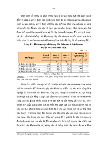 43


     Bên cạnh số lượng thì chất lượng nguồn lực đất cũng hết sức quan trọng
đối với việc ra quyết định của các hộ gia đình do họ phải căn cứ vào khả năng
canh tác của đất mà quyết định sẽ trồng cây gì? xuất phát từ đó chúng tôi xem
xét nguồn lực đất đai của các hộ dưới góc độ chất lượng. Chất lượng đất đai
được thể hiện thông qua tiêu chí về độ dốc (vì nó liên quan đến việc giữ nước
và các chất dinh dưỡng) và khả năng tiếp cận đến các nguồn nước tưới tiêu
khác nhau (vì nó liên quan đến khả năng khai thác đất hay hệ số sử dụng đất).
         Bảng 3.2: Hiện trạng chất lƣợng đất đai của các hộ điều tra
                          huyện Võ Nhai năm 2006
                                                                               ĐVT: %
                                                                         Sai khác có ý
                                    Vùng I       Vùng II   Vùng III     nghĩa thống kê
           Diễn giải                (n=30)       (n=35)     (n=35)
                                                                       1/2     1/3     2/3
                                       1              2       3
  1. Diện tích đất bằng             10,4         15,3        20,5      *    **   ***
  2. Diện tích đất dốc              89,6         84,7        79,5     ** ***      **
  3. Diện tích tưới tiêu 1 vụ       21,6         28,1        30,6      *    **      -
  4. Diện tích tưới tiêu 2 vụ        0,0          7,2        13,7 *** ***         **
                                 Nguồn: Số liệu điều tra
Ghi chú: 1. *, ** và *** Sai khác có ý nghĩa thống kê tại mức xác suất 90%, 95% và 99%
theo kiểm định Chi Square.

     Diện tích nhiều nhưng chủ yếu là diện tích đất dốc có độ dốc cao nhiều
khi lên đến trên 35o điều này gây khó khăn rất nhiều cho sản xuất nông lâm
nghiệp đó là đặc thù của khu vực vùng cao, trong khi đó thì ở khu vực vùng
thấp diện tích đất bằng là diện tích đất có độ dốc dưới 5o ít hơn so với khu vực
vùng cao mà phần nhiều trong diện tích này là đất ruộng cho cây lúa. Tuy
nhiên một điều đáng quan tâm là phần lớn diện tích đất nông nghiệp của cả
khu vực nói chung trong đó điển hình là ở khu vực vùng cao chỉ có thể tưới
tiêu được 1 vụ trong năm đây là một khó khăn lớn cho sản xuất nông nghiệp
của người dân trong khu vực. Điều này cũng dễ lý giải là do khu vực này có
địa hình phức tạp chủ yếu là đồi núi cho nên diện tích nương rẫy nhiều mà
diện tích này khó có thể xây dựng các hệ thống tưới tiêu được, kể cả ở khu


Số hóa bởi Trung tâm Học liệu – Đại học Thái Nguyên                   http://www.lrc-tnu.edu.vn
 