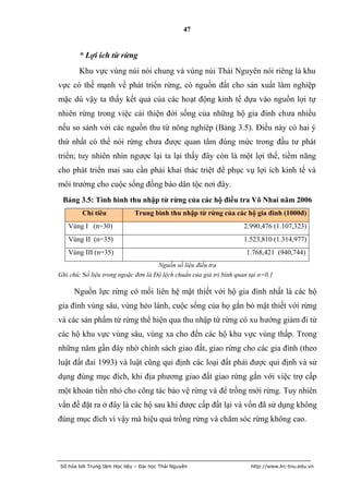 47


       * Lợi ích từ rừng
       Khu vực vùng núi nói chung và vùng núi Thái Nguyên nói riêng là khu
vực có thế mạnh về phát triển rừng, có nguồn đất cho sản xuất lâm nghiệp
mặc dù vậy ta thấy kết quả của các hoạt động kinh tế dựa vào nguồn lợi tự
nhiên rừng trong việc cải thiện đời sống của những hộ gia đình chưa nhiều
nếu so sánh với các nguồn thu từ nông nghiêp (Bảng 3.5). Điều này có hai ý
thứ nhất có thể nói rừng chưa được quan tâm đúng mức trong đầu tư phát
triển; tuy nhiên nhìn ngược lại ta lại thấy đây còn là một lợi thế, tiềm năng
cho phát triển mai sau cần phải khai thác triệt để phục vụ lợi ích kinh tế và
môi trường cho cuộc sống đồng bào dân tộc nơi đây.
 Bảng 3.5: Tình hình thu nhập từ rừng của các hộ điều tra Võ Nhai năm 2006
         Chỉ tiêu            Trung bình thu nhập từ rừng của các hộ gia đình (1000đ)
   Vùng I (n=30)                                                      2.990,476 (1.107,323)
   Vùng II (n=35)                                                     1.523,810 (1.314,977)
   Vùng III (n=35)                                                     1.768,421 (940,744)
                                     Nguồn số liệu điều tra
Ghi chú: Số liệu trong ngoặc đơn là Độ lệch chuẩn của giá trị bình quan tại α=0,1

      Nguồn lực rừng có mối liên hệ mật thiết với hộ gia đình nhất là các hộ
gia đình vùng sâu, vùng hẻo lánh, cuộc sống của họ gắn bó mật thiết với rừng
và các sản phẩm từ rừng thể hiện qua thu nhập từ rừng có xu hướng giảm đi từ
các hộ khu vực vùng sâu, vùng xa cho đến các hộ khu vực vùng thấp. Trong
những năm gần đây nhờ chính sách giao đất, giao rừng cho các gia đình (theo
luật đất đai 1993) và luật cũng qui định các loại đất phải được qui định và sử
dụng đúng mục đích, khi địa phương giao đất giao rừng gắn với việc trợ cấp
một khoản tiền nhỏ cho công tác bảo vệ rừng và để trồng mới rừng. Tuy nhiên
vấn đề đặt ra ở đây là các hộ sau khi được cấp đất lại và vốn đã sử dụng không
đúng mục đích vì vậy mà hiệu quả trồng rừng và chăm sóc rừng không cao.




Số hóa bởi Trung tâm Học liệu – Đại học Thái Nguyên                     http://www.lrc-tnu.edu.vn
 