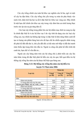60


     Các cây trồng chính của toàn bộ khu vực nghiên cứu là lúa, ngô và một
số cây họ đậu khác. Các cây trồng chủ yếu trong vụ mùa do phụ thuộc vào
nước trời, diện tích lúa hai vụ rất ít đặc biệt là ở khu vực vùng cao. Đây chính
là một hạn chế chính cho khu vực này trong việc đảm bảo an ninh lương thực
trước sức ép của sự gia tăng dân số.
       Các loại cây trồng trong phần lớn các hộ nhằm mục đích tự cung tự cấp
là chính đặc biệt là ở các hộ khu vực I do vậy tính đa dạng của các loại cây
trồng cao, tuy nhiên lại không tập trung và đặc biệt là khả năng thâm canh để
tạo ra lượng sản phẩm hàng hoá còn rất hạn chế do nhiều nguyên nhân trong
đó phải kể đến đất đai ít, chủ yếu đất dốc có độ màu mỡ thấp và đất đai manh
mún thiếu tập trung khó cho đầu tư. Ngoài ra cũng cần phải kể đến trình độ
canh tác, hạn chế về vốn đầu tư...
     Ngoài các cây hàng năm trên các hộ cũng chú ý phát triển các cây lâu
năm khác trong đó đặc biệt phải kể đến các cây ăn quả. Kết quả điều tra hệ
thống cây trồng lâu năm của hộ được thể hiện qua bảng sau:
                Bảng 3.12: Hệ thống cây trồng lâu năm của hộ điều tra
                                     huyện Võ Nhai năm 2006
                                                                  Nhóm hộ
                       Loại cây                        VùngI      Vùng II     Vùng III
                                                       (n=30)     (n=35)       (n=35)
  Chè
       - Diện tích (ha/hộ)                                 0,01       0,01          0,04
       - % trong diện tích cây lâu năm                     3,03       6,25         40,00
  Cây ăn quả (Nhãn, vải, na, xoài,...) (ha)
       - Diện tích (ha/hộ)                                 0,28       0,14          0,04
       - % trong diện tích cây lâu năm                    84,85      87,50         40,00
  Cây lâu năm khác (ha)
       - Diện tích (ha/hộ)                                 0,04       0,01          0,02
       - % trong diện tích cây lâu năm                    12,12       6,25         20,00
  Tổng diện tích cây lâu năm (ha)                          0,33       0,16          0,10
                                     Nguồn: Số liệu điều tra




Số hóa bởi Trung tâm Học liệu – Đại học Thái Nguyên                 http://www.lrc-tnu.edu.vn
 