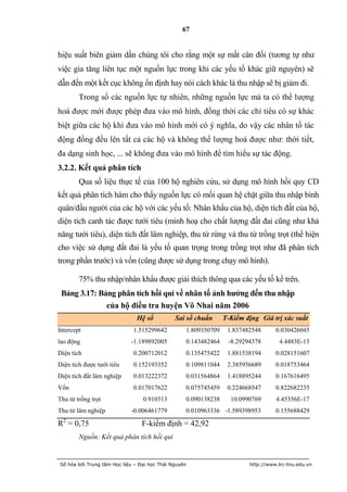 67


hiệu suất biên giảm dần chúng tôi cho rằng một sự mất cân đối (tương tự như
việc gia tăng liên tục một nguồn lực trong khi các yếu tố khác giữ nguyên) sẽ
dẫn đến một kết cục không ổn định hay nói cách khác là thu nhập sẽ bị giảm đi.
        Trong số các nguồn lực tự nhiên, những nguồn lực mà ta có thể lượng
hoá được mới được phép đưa vào mô hình, đồng thời các chỉ tiêu có sự khác
biệt giữa các hộ khi đưa vào mô hình mới có ý nghĩa, do vậy các nhân tố tác
động đồng đều lên tất cả các hộ và không thể lượng hoá được như: thời tiết,
đa dạng sinh học, ... sẽ không đưa vào mô hình để tìm hiểu sự tác động.
3.2.2. Kết quả phân tích
        Qua số liệu thực tế của 100 hộ nghiên cứu, sử dụng mô hình hồi quy CD
kết quả phân tích hàm cho thấy nguồn lực có mối quan hệ chặt giữa thu nhập bình
quân/đầu người của các hộ với các yếu tố: Nhân khẩu của hộ, diện tích đất của hộ,
diện tích canh tác được tưới tiêu (minh hoạ cho chất lượng đất đai cũng như khả
năng tưới tiêu), diện tích đất lâm nghiệp, thu từ rừng và thu từ trồng trọt (thể hiện
cho việc sử dụng đất đai là yếu tố quan trọng trong trồng trọt như đã phân tích
trong phần trước) và vốn (cũng được sử dụng trong chạy mô hình).

        75% thu nhập/nhân khẩu được giải thích thông qua các yếu tố kể trên.
 Bảng 3.17: Bảng phân tích hồi qui về nhân tố ảnh hƣởng đến thu nhập
              của hộ điều tra huyện Võ Nhai năm 2006
                               Hệ số          Sai số chuẩn      T-Kiểm địng Giá trị xác suất
Intercept                    1.515299642          1.809350709    1.837482548      0.030426045
lao động                    -1.189892005          0.143482464    -8.29294378       4.4483E-13
Diện tích                    0.200712012          0.135475422    1.881538194      0.028151607
Diện tích được tưới tiêu     0.152193352          0.109811044    2.385956689      0.018753464
Diện tích đất lâm nghiệp     0.013222372          0.031564864    1.418895244      0.167616495
Vốn                          0.017017622          0.075745459    0.224668547      0.822682235
Thu từ trồng trọt                0.910313         0.090138238     10.0990769      4.45356E-17
Thu từ lâm nghiệp           -0.006461779          0.010963336 -1.589398953        0.155688429

R2 = 0,75                        F-kiểm định = 42,92
        Nguồn: Kết quả phân tích hồi qui


Số hóa bởi Trung tâm Học liệu – Đại học Thái Nguyên                     http://www.lrc-tnu.edu.vn
 