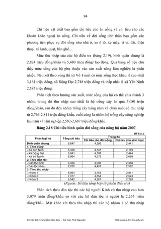 94


        Chi tiêu vật chất bao gồm chi tiêu cho ăn uống và chi tiêu cho các
khoản khác ngoài ăn uống. Chi tiêu về đời sống tinh thần bao gồm các
phương tiện phục vụ đời sống như nhà ở, xe ô tô, xe máy, ti vi, đài, điện
thoại, tủ lạnh, quạt, bàn ghế....
        Mức thu nhập của các hộ điều tra (bảng 2.19), bình quân chung là
2,824 triệu đồng/khẩu và 5,480 triệu đồng/ lao động. Qua bảng số liệu cho
thấy mức sống của hộ phụ thuộc vào sản xuất nông lâm nghiệp là phần
nhiều. Nếu xét theo vùng thì xã Vô Tranh có mức sống theo khẩu là cao nhất
3,161 triệu đồng, xã Động Đạt 2,748 triệu đồng và thấp nhất là xã Yên Ninh
2,585 triệu đồng.
        Phân tích theo hướng sản xuất, mức sống của hộ có thể chia thành 3
nhóm, trong đó thu nhập cao nhất là hộ trồng cây ăn quả 3,080 triệu
đồng/khẩu, sau đó đến nhóm trồng cây hàng năm và chăn nuôi có thu nhập
từ 2,766-2,811 triệu đồng/khẩu, cuối cùng là nhóm hộ trồng cây công nghiệp
lâu năm và lâm nghiệp 2,582-2,687 triệu đồng/khẩu.
        Bảng 2.18 Chi tiêu bình quân đời sống của nông hộ năm 2007
                                                                                      ĐVT:tr.đ
                                                                    Trong đó
       Phân loại hộ            Tổng chi tiêu
                                                 Chi tiêu cho đời sống Chi tiêu cho sinh hoạt
Bình quân chung                    6,647                  4,206                 2,441
1. Theo vùng
- Xã Yên Ninh                      6,336                4,145                    2,119
- Xã Động Đạt                      6,641                4,197                    2,444
- Xã Vô Tranh                      6,964                4,276                    2,688
2. Theo dân tộc
- Dân tộc Kinh                     6,466                4,098                    2,368
- Dân tộc Khác                     7,020                4,428                    2,592
3. Theo thu nhập
- Nhóm 1                           5,994                3,153                    2,841
- Nhóm 2                           7,077                4,554                    2,523
- Nhóm 3                           6,542                4,261                    2,228
                                (Nguồn: Số liệu tổng hợp từ phiếu điều tra)
        Phân tích theo dân tộc thì các hộ người Kinh có thu nhập cao hơn
3,079 triệu đồng/khẩu so với các hộ dân tộc ít người là 2,265 triệu
đồng/khẩu. Mặt khác xét theo thu nhập thì các hộ nhóm 1 có thu nhập



Số hóa bởi Trung tâm Học liệu – Đại học Thái Nguyên                     http://www.lrc-tnu.edu.vn
 