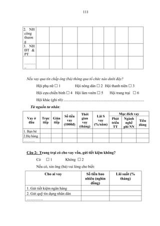 111



2. NH
công
thươn
g
3. NH
ĐT &
PT

………
..


 Nếu vay qua tín chấp ông (bà) thông qua tổ chức nào dưới đây?
          Hội phụ nữ  1                       Hội nông dân  2 Hội thanh niên  3
          Hội cựu chiến binh  4 Hội làm vườn  5                                Hội trang trại  6
          Hội khác (ghi rõ): ......................................................................................
    Từ nguồn tư nhân:
                                                     Thời                                Mục đích vay
                                    Số tiền                        Lãi S
  Vay ở        Trực       Gián                       gian                          Phát Ngành
                                      vay                           vay                               Tiêu
   đâu         tiếp       tiếp                       vay                           triển    nghề
                                    (1000đ)                       (%/năm)                            dùng
                                                   (tháng)                          TT     phi NN
1. Bạn bè
2.Họ hàng
……….


 Câu 2: Trang trại có cho vay vốn, gửi tiết kiệm không?
          Có       1                 Không  2
          Nếu có, xin ông (bà) vui lòng cho biết:
                  Cho ai vay                              Số tiền bao                  Lãi suất (%
                                                         nhiêu (nghìn                    tháng)
                                                            đồng)
 1. Gửi tiết kiệm ngân hàng
 2. Gửi quỹ tín dụng nhân dân
 ………….
 