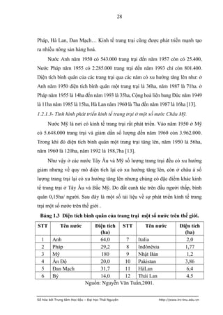 28



Pháp, Hà Lan, Đan Mạch… Kinh tế trang trại cũng được phát triển mạnh tạo
ra nhiều nông sản hàng hoá.
      Nước Anh năm 1950 có 543.000 trang trại đến năm 1957 còn có 25.400,
Nước Pháp năm 1955 có 2.285.000 trang trại đến năm 1993 chỉ còn 801.400.
Diện tích bình quân của các trang trại qua các năm có xu hướng tăng lên như: ở
Anh năm 1950 diện tích bình quân một trang trại là 36ha, năm 1987 là 71ha. ở
Pháp năm 1955 là 14ha đến năm 1993 là 35ha, Cộng hoà liên bang Đức năm 1949
là 11ha năm 1985 là 15ha, Hà Lan năm 1960 là 7ha đến năm 1987 là 16ha [13].
1.2.1.3- Tình hình phát triển kinh tế trang trại ở một số nước Châu Mỹ.
      Nước Mỹ là nơi có kinh tế trang trại rất phát triển. Vào năm 1950 ở Mỹ
có 5.648.000 trang trại và giảm dần số lượng đến năm 1960 còn 3.962.000.
Trong khi đó diện tích bình quân một trang trại tăng lên, năm 1950 là 56ha,
năm 1960 là 120ha, năm 1992 là 198,7ha [13].
      Như vậy ở các nước Tây Âu và Mỹ số lượng trang trại đều có xu hướng
giảm nhưng về quy mô diện tích lại có xu hướng tăng lên, còn ở châu á số
lượng trang trại lại có xu hướng tăng lên nhưng chúng có đặc điểm khác kinh
tế trang trại ở Tây Âu và Bắc Mỹ. Do đất canh tác trên đầu người thấp, bình
quân 0,15ha/ người. Sau đây là một số tài liệu về sự phát triển kinh tế trang
trại một số nước trên thế giới .
 Bảng 1.3 Diện tích bình quân của trang trại một số nƣớc trên thế giới.
STT           Tên nƣớc           Diện tích STT         Tên nƣớc        Diện tích
                                    (ha)                                 (ha)
  1      Anh                        64,0      7    Italia                 2,0
  2      Pháp                       29,2      8    Inđônêxia             1,77
  3      Mỹ                         180       9    Nhật Bản               1,2
  4      Ấn Độ                      20,0      10 Pakistan                3,86
  5      Đan Mạch                   31,7      11 HàLan                    6,4
  6      Bỷ                         14,0      12 Thái Lan                 4,5
                              Nguồn: Nguyễn Văn Tuấn,2001.


Số hóa bởi Trung tâm Học liệu – Đại học Thái Nguyên        http://www.lrc-tnu.edu.vn
 