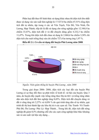 35



       Phân loại đất theo 05 hình thức sử dụng khác nhau thì diện tích lớn nhất
đƣợc sử dụng vào sản xuất lâm nghiệp là 17.527,8 ha chiếm 47,51% tổng diện
tích đất tự nhiên, tập trung ở các xã Yên Trạch, Yên Đổ, Yên Ninh, Ôn
Lƣơng, Hợp Thành, tiếp đó là đất sử dụng cho nông nghiệp gồm 12.348,8 ha
chiếm 33,47%, diện tích đất ở và đất chuyên dùng gồm 4.232,3 ha chiếm
11,47%. Trong khi diện tích đất chƣa sử dụng là 2.060,4 ha chiếm 5,58% thì
diện tích cho nuôi trồng thuỷ sản chỉ chiếm 727,4 ha tƣơng ứng 1,97 %.
        Biểu đồ 2.1. Cơ cấu sử dụng đất huyện Phú Lƣơng năm 2008
Loại đất                    diện tích diện tích
Đất nông nghiệp              12.348,80
Đất lâm nghiệp               17.527,80
Đất nuôi trồng thuỷ sản 5,58%
             7,94%                727,4
Đất ở 3,53%                    1.302,90               33,47%        Đất nông nghiệp
       1,97%
Đất chuyên dùng                2.929,40                             Đất lâm nghiệp
                                                                    Đất nuôi trồng thuỷ sản
Đất chƣa sử dụng               2.060,40                             Đất ở
                                                                    Đất chuyên dùng
                                                                    Đất chưa sử dụng
                     47,51%




        Nguồn: Niên giám thống kê huyện Phú Lương , năm 2008

       Trong giai đoạn 2006- 2008, diện tích các loại đất của huyện Phú
Lƣơng có sự thay đổi theo sự phát triển về kinh tế- xã hội của huyện. Qua 3
năm, do huyện đẩy mạnh việc trồng rừng theo Dự án 661 và trồng rừng nhân
dân nên diện tích đất lâm nghiệp tăng 0,45%. Diện tích đất chuyên dùng và
đất ở cũng tăng tới 2,27% và 6,056 % do quá trình tăng dân số tự nhiên, quá
trình đô thị hoá thành lập các khu thị tứ ở các cụm xã: Tức Tranh- Vô Tranh-
Phú Đô, Ôn Lƣơng- Phủ Lý- Hợp Thành... Trong khi đó, diện tích đất nông
nghiệp đã giảm 0,5% nhƣờng chỗ cho các cụm công nghiệp khai thác khoáng
sản và sản xuất vật liệu xây dựng…




Số hóa bởi Trung tâm Học liệu – Đại học Thái Nguyên            http://www.Lrc-tnu.edu.vn
 