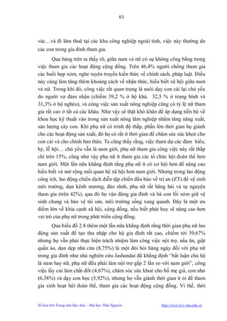 61



vác…và đi làm thuê tại các khu công nghiệp ngoài tỉnh, việc này thƣờng do
các con trong gia đình tham gia.
       Qua bảng trên ta thấy rõ, giữa nam và nữ có sự không công bằng trong
việc tham gia các hoạt động cộng đồng. Trên 46,4% ngƣời chồng tham gia
các buổi họp xóm, nghe tuyên truyền kiến thức về chính sách, pháp luật. Điều
này càng làm tăng thêm khoảng cách về nhận thức, hiểu biết xã hội giữa nam
và nữ. Trong khi đó, công việc rất quan trọng là nuôi dạy con cái lại chủ yếu
do ngƣời vợ đảm nhận (chiếm 39,2 % ở hộ khá, 32,5 % ở trung bình và
31,3% ở hộ nghèo), và công việc sản xuất nông nghiệp cũng có tỷ lệ nữ tham
gia rất cao ở tất cả các khâu. Nhƣ vậy sẽ thật khó khăn để áp dụng tiến bộ về
khoa học kỹ thuật vào trong sản xuất nông lâm nghiệp nhằm tăng năng xuất,
sản lƣợng cây con. Khi phụ nữ có trình độ thấp, phần lớn thời gian họ giành
cho các hoạt động sản xuất, đó họ có rất ít thời gian để chăm sóc sức khoẻ cho
con cái và cho chính bản thân. Ta cũng thấy rằng, việc tham dự các đám hiếu,
hỷ, lễ hội… chủ yếu vẫn là nam giới, phụ nữ tham gia công việc này rất thấp
chỉ trên 15%, cũng nhƣ vậy phụ nữ ít tham gia các tổ chức hội đoàn thể hơn
nam giới. Một lần nữa khẳng định rằng phụ nữ ít có cơ hội hơn để nâng cao
hiểu biết và mở rộng mối quan hệ xã hội hơn nam giới. Nhƣng trong lao động
công ích, lao động chiến dịch diễn tập chiến đấu bảo về trị an (ZT) để vệ sinh
môi trƣờng, dọn kênh mƣơng, đào rãnh, phụ nữ rất hăng hái và tự nguyện
tham gia (trên 42%), qua đó họ vận động gia đình và bà con lối xóm giữ vệ
sinh chung và bảo vệ tài sản, môi trƣờng sống xung quanh. Đây là một ƣu
điểm lớn về khía cạnh xã hội, cộng đồng, nếu biết phát huy sẽ nâng cao hơn
vai trò của phụ nữ trong phát triển cộng đồng.
       Qua biểu đồ 2.8 thêm một lần nữa khẳng định rằng thời gian phụ nữ lao
động sản xuất để tạo thu nhập cho hộ gia đình rất cao, chiếm tới 39,67%
nhƣng họ vẫn phải thực hiện trách nhiệm làm công việc nội trợ, nấu ăn, giặt
quần áo, dọn dẹp nhà cửa (8,75%) là một đòi hỏi hàng ngày đối với phụ nữ
trong gia đình nhƣ nhà nghiên cứu Jashandai đã khẳng định “bất luận chủ hộ
là nam hay nữ, phụ nữ đều phải làm nội trợ gấp 2 lần so với nam giới”, công
việc lấy củi làm chất đốt (4,67%), chăm sóc sức khoẻ cho bố mẹ già, con nhỏ
(6,38%) và dạy con học (5,92%), nhƣng họ vẫn giành thời gian ít ỏi để tham
gia sinh hoạt hội đoàn thể, tham gia các hoạt động cộng đồng. Vì thế, thời


Số hóa bởi Trung tâm Học liệu – Đại học Thái Nguyên      http://www.Lrc-tnu.edu.vn
 