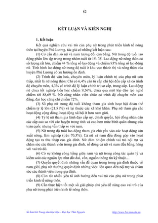 82



                           KẾT LUẬN VÀ KIẾN NGHỊ

       1. Kết luận
       Kết quả nghiên cứu vai trò của phụ nữ trong phát triển kinh tế nông
thôn tại huyện Phú Lƣơng, tác giả có những kết luận sau:
       (1) Cơ cấu dân số nữ và nam tƣơng đối cân bằng. Nữ trong độ tuổi lao
động phần lớn tập trung trong nhóm tuổi từ 15- 35. Lao động nữ nông thôn có
số lƣợng rất lớn, chiếm 44 % tổng số lao động và chiếm 93% tổng số lao động
nữ. Tình hình lao động nữ trong độ tuổi ở khu vực thành thị và nông thôn của
huyện Phú Lƣơng có xu hƣớng ổn định.
       (2) Trình độ văn hoá, chuyên môn, lý luận chính trị của phụ nữ còn
thấp, nhất là nữ nông thôn: Chỉ có 6,4% cán từ cấp chi hội đến cấp xã có trình
độ chuyên môn, 4,3% có trình độ lý luận chính trị sơ cấp, trung cấp. Lao động
nữ chƣa tốt nghiệp tiểu học chiếm 9,56%, chƣa qua một lớp đào tạo nghề
chiếm tới 88,69 %. Nữ công nhân viên chức có trình độ chuyên môn cao
đẳng, đại học cũng chỉ chiếm 72%.
       (3) Số phụ nữ trong độ tuổi không tham gia sinh hoạt hội đoàn thể
chiếm tỷ lệ lớn (21,81%) và lại thuộc các xã khó khăn. Phụ nữ tham gia các
hoạt động cộng đồng, hoạt động xã hội ít hơn nam giới.
       (4) Tỷ lệ nữ tham gia lãnh đạo cấp uỷ, chính quyền, hội đồng nhân dân
các cấp cao so với các huyện trong tỉnh và cao hơn mức bình quân chung của
toàn quốc nhƣng vẫn thấp so với nam.
       (5) Nữ trong độ tuổi lao động tham gia chủ yếu vào các hoạt động sản
xuất nông, lâm nghiệp (trên 70,3%). Cả nữ và nam đều đóng góp vào hoạt
động tạo ra thu nhập của gia đình. Nữ đảm nhiệm chính vai trò nội trợ và
chăm sóc các thành viên trong gia đình, số đông cả nữ và nam đều bằng, lòng
với vai trò đó.
       (6) Có sự không công bằng giữa nam và nữ trong công tác quản lý và
kiểm soát các nguồn lực nhƣ đất đai, vốn, nguồn thông tin kỹ thuật…
       (7) Quyền quyết định những vấn đề quan trọng trong gia đình thuộc về
nam giới, phụ nữ thƣờng quyết định những việc liên quan đến nội trợ và chăm
sóc các thành viên trong gia đình.
       (8) Còn rất nhiều yếu tố ảnh hƣởng đến vai trò của phụ nữ trong phát
triển kinh tế nông thôn.
       (9) Cần thực hiện tốt một số giải pháp chủ yếu để nâng cao vai trò của
phụ nữ trong phát triển kinh tế nông thôn.




Số hóa bởi Trung tâm Học liệu – Đại học Thái Nguyên      http://www.Lrc-tnu.edu.vn
 