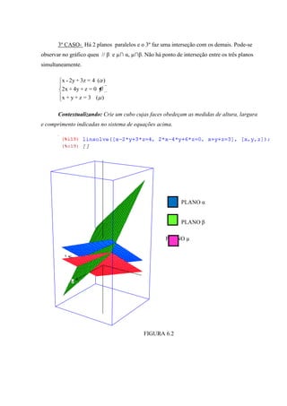 3º CASO- Há 2 planos paralelos e o 3º faz uma interseção com os demais. Pode-se
observar no gráfico queα // β e µ∩ α, µ∩β. Não há ponto de interseção entre os três planos
simultaneamente.

        x - 2y + 3z = 4 ( )
        2x + 4y + z = 0
        x+y+z =3 ( )

       Contextualizando: Crie um cubo cujas faces obedeçam as medidas de altura, largura
e comprimento indicadas no sistema de equações acima.




              (3.77,-3.77,10.54)




                                                           PLANO α


                                                           PLANO β

                                                    PLANO µ

          x




              y




                     (-3.77,3.77,-4.54)
                                           FIGURA 6.2
 