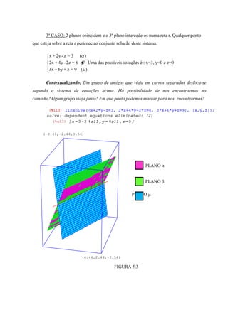 3º CASO: 2 planos coincidem e o 3º plano intercede-os numa reta r. Qualquer ponto
que esteja sobre a reta r pertence ao conjunto solução deste sistema.

         x + 2y - z = 3     ( )
         2x + 4y - 2z = 6         Uma das possíveis soluções é : x=3, y=0 e z=0
         3x + 6y + z = 9 ( )

       Contextualizando: Um grupo de amigos que viaja em carros separados desloca-se
segundo o sistema de equações acima. Há possibilidade de nos encontrarmos no
caminho?Algum grupo viaja junto? Em que ponto podemos marcar para nos encontrarmos?




     (-0.46,-2.44,3.56)




                                                                PLANO α


                                                                PLANO β

                                                         PLANO µ




                            (6.46,2.44,-3.56)

                                               FIGURA 5.3
 