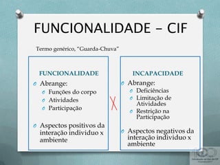 FUNCIONALIDADE INCAPACIDADE
O Abrange:
O Funções do corpo
O Atividades
O Participação
O Aspectos positivos da
interação individuo x
ambiente
O Abrange:
O Deficiências
O Limitação de
Atividades
O Restrição na
Participação
O Aspectos negativos da
interação individuo x
ambiente
Termo genérico, “Guarda-Chuva”
 