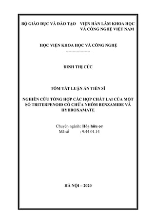 BỘ GIÁO DỤC VÀ ĐÀO TẠO VIỆN HÀN LÂM KHOA HỌC
VÀ CÔNG NGHỆ VIỆT NAM
HỌC VIỆN KHOA HỌC VÀ CÔNG NGHỆ
------------------
ĐINH THỊ CÚC
TÓM TẮT LUẬN ÁN TIẾN SĨ
NGHIÊN CỨU TỔNG HỢP CÁC HỢP CHẤT LAI CỦA MỘT
SỐ TRITERPENOID CÓ CHỨA NHÓM BENZAMIDE VÀ
HYDROXAMATE
Chuyên ngành: Hóa hữu cơ
Mã số : 9.44.01.14
HÀ NỘI – 2020
 