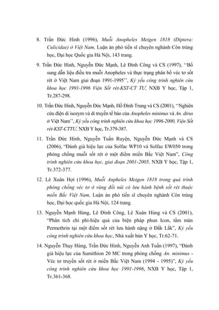 8. Trần Đức Hinh (1996), Muỗi Anopheles Meigen 1818 (Diptera:
Culicidae) ở Việt Nam, Luận án phó tiến sĩ chuyên nghành Côn trùng
học, Đại học Quốc gia Hà Nội, 143 trang.
9. Trần Đức Hinh, Nguyễn Đức Mạnh, Lê Đình Công và CS (1997), ‘‘Bổ
sung dẫn liệu điều tra muỗi Anopheles và thực trạng phân bố véc tơ sốt
rét ở Việt Nam giai đoạn 1991-1995’’, Kỷ yếu công trình nghiên cứu
khoa học 1991-1996 Viện Sốt rét-KST-CT TƯ, NXB Y học, Tập 1,
Tr.287-298.
10. Trần Đức Hinh, Nguyễn Đức Mạnh, Hồ Đình Trung và CS (2001), ‘‘Nghiên
cứu điện di isozym và di truyền tế bào của Anopheles minimus và An. dirus
ở Việt Nam’’, Kỷ yếu công trình nghiên cứu khoa học 1996-2000, Viện Sốt
rét-KST-CTTƯ, NXB Y học, Tr.379-387.
11. Trần Đức Hinh, Nguyễn Tuấn Ruyện, Nguyễn Đức Mạnh và CS
(2006), “Đánh giá hiệu lực của Solfac WP10 và Solfac EW050 trong
phòng chống muỗi sốt rét ở một điểm miền Bắc Việt Nam”, Công
trình nghiên cứu khoa học, giai đoạn 2001-2005, NXB Y học, Tập 1,
Tr.372-377.
12. Lê Xuân Hợi (1996), Muỗi Anpheles Meigen 1818 trong quá trình
phòng chống véc tơ ở vùng đồi núi có lưu hành bệnh sốt rét thuộc
miền Bắc Việt Nam, Luận án phó tiến sĩ chuyên nghành Côn trùng
học, Đại học quốc gia Hà Nội, 124 trang.
13. Nguyễn Mạnh Hùng, Lê Đình Công, Lê Xuân Hùng và CS (2001),
“Phân tích chi phí-hiệu quả của biện pháp phun Icon, tẩm màn
Permethrin tại một điểm sốt rét lưu hành nặng ở Đắk Lắk”, Kỷ yếu
công trình nghiên cứu khoa học, Nhà xuất bản Y học, Tr.62-71.
14. Nguyễn Thụy Hùng, Trần Đức Hinh, Nguyễn Anh Tuấn (1997), “Đánh
giá hiệu lực của Sumithion 20 MC trong phòng chống An. minimus -
Véc tơ truyền sốt rét ở miền Bắc Việt Nam (1994 - 1995)”, Kỷ yếu
công trình nghiên cứu khoa học 1991-1996, NXB Y học, Tập 1,
Tr.361-368.
 