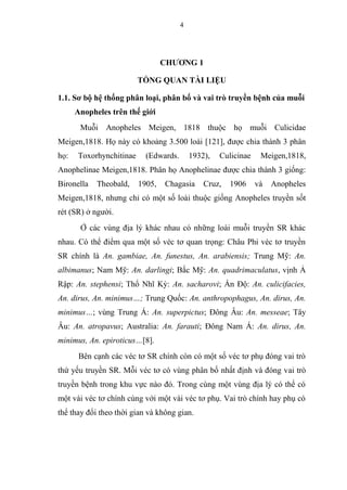 4
CHƯƠNG 1
TỔNG QUAN TÀI LIỆU
1.1. Sơ bộ hệ thống phân loại, phân bố và vai trò truyền bệnh của muỗi
Anopheles trên thế giới
Muỗi Anopheles Meigen, 1818 thuộc họ muỗi Culicidae
Meigen,1818. Họ này có khoảng 3.500 loài [121], được chia thành 3 phân
họ: Toxorhynchitinae (Edwards. 1932), Culicinae Meigen,1818,
Anophelinae Meigen,1818. Phân họ Anophelinae được chia thành 3 giống:
Bironella Theobald, 1905, Chagasia Cruz, 1906 và Anopheles
Meigen,1818, nhưng chỉ có một số loài thuộc giống Anopheles truyền sốt
rét (SR) ở người.
Ở các vùng địa lý khác nhau có những loài muỗi truyền SR khác
nhau. Có thể điểm qua một số véc tơ quan trọng: Châu Phi véc tơ truyền
SR chính là An. gambiae, An. funestus, An. arabiensis; Trung Mỹ: An.
albimanus; Nam Mỹ: An. darlingi; Bắc Mỹ: An. quadrimaculatus, vịnh Ả
Rập: An. stephensi; Thổ Nhĩ Kỳ: An. sacharovi; Ấn Độ: An. culicifacies,
An. dirus, An. minimus…; Trung Quốc: An. anthropophagus, An. dirus, An.
minimus…; vùng Trung Á: An. superpictus; Đông Âu: An. messeae; Tây
Âu: An. atropavus; Australia: An. farauti; Đông Nam Á: An. dirus, An.
minimus, An. epiroticus…[8].
Bên cạnh các véc tơ SR chính còn có một số véc tơ phụ đóng vai trò
thứ yếu truyền SR. Mỗi véc tơ có vùng phân bố nhất định và đóng vai trò
truyền bệnh trong khu vực nào đó. Trong cùng một vùng địa lý có thể có
một vài véc tơ chính cùng với một vài véc tơ phụ. Vai trò chính hay phụ có
thể thay đổi theo thời gian và không gian.
 