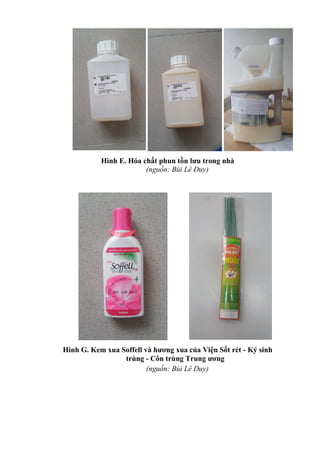 Hình E. Hóa chất phun tồn lưu trong nhà
(nguồn: Bùi Lê Duy)
Hình G. Kem xua Soffell và hương xua của Viện Sốt rét - Ký sinh
trùng - Côn trùng Trung ương
(nguồn: Bùi Lê Duy)
 