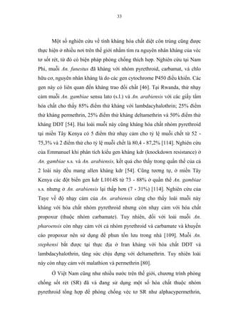 33
Một số nghiên cứu về tính kháng hóa chất diệt côn trùng cũng được
thực hiện ở nhiều nơi trên thế giới nhằm tìm ra nguyên nhân kháng của véc
tơ sốt rét, từ đó có biện pháp phòng chống thích hợp. Nghiên cứu tại Nam
Phi, muỗi An. funestus đã kháng với nhóm pyrethroid, carbamat, và chlo
hữu cơ, nguyên nhân kháng là do các gen cytochrome P450 điều khiển. Các
gen này có liên quan đến kháng trao đổi chất [46]. Tại Rwanda, thử nhạy
cảm muỗi An. gambiae sensu lato (s.l.) và An. arabiensis với các giấy tẩm
hóa chất cho thấy 85% điểm thử kháng với lambdacyhalothrin; 25% điểm
thử kháng permethrin, 25% điểm thử kháng deltamethrin và 50% điểm thử
kháng DDT [54]. Hai loài muỗi này cũng kháng hóa chất nhóm pyrethroid
tại miền Tây Kenya có 5 điểm thử nhạy cảm cho tỷ lệ muỗi chết từ 52 -
75,3% và 2 điểm thử cho tỷ lệ muỗi chết là 80,4 - 87,2% [114]. Nghiên cứu
của Emmanuel khi phân tích kiểu gen kháng kdr (knockdown resistance) ở
An. gambiae s.s. và An. arabiensis, kết quả cho thấy trong quần thể của cả
2 loài này đều mang allen kháng kdr [54]. Cũng tương tự, ở miền Tây
Kenya các đột biến gen kdr L1014S từ 73 - 88% ở quần thể An. gambiae
s.s. nhưng ở An. arabiensis lại thấp hơn (7 - 31%) [114]. Nghiên cứu của
Taye về độ nhạy cảm của An. arabiensis cũng cho thấy loài muỗi này
kháng với hóa chất nhóm pyrethroid nhưng còn nhạy cảm với hóa chất
propoxur (thuộc nhóm carbamate). Tuy nhiên, đối với loài muỗi An.
pharoensis còn nhạy cảm với cả nhóm pyrethroid và carbamate và khuyến
cáo propoxur nên sử dụng để phun tồn lưu trong nhà [109]. Muỗi An.
stephensi bắt được tại thực địa ở Iran kháng với hóa chất DDT và
lambdacyhalothrin, tăng sức chịu đựng với deltamethrin. Tuy nhiên loài
này còn nhạy cảm với malathion và permethrin [80].
Ở Việt Nam cũng như nhiều nước trên thế giới, chương trình phòng
chống sốt rét (SR) đã và đang sử dụng một số hóa chất thuộc nhóm
pyrethroid tổng hợp để phòng chống véc tơ SR như alphacypermethrin,
 