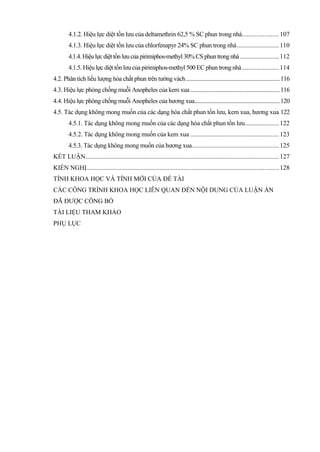 4.1.2. Hiệu lực diệt tồn lưu của deltamethrin 62,5 % SC phun trong nhà.......................107
4.1.3. Hiệu lực diệt tồn lưu của chlorfenapyr 24% SC phun trong nhà..........................110
4.1.4.Hiệulựcdiệttồnlưucủapirimiphos-methyl 30% CS phuntrongnhà ........................112
4.1.5. Hiệu lực diệt tồn lưu của pirimiphos-methyl 500 EC phun trong nhà.......................114
4.2. Phân tích liều lượng hóa chất phun trên tường vách..................................................................116
4.3. Hiệu lực phòng chống muỗi Anopheles của kem xua...............................................................116
4.4. Hiệu lực phòng chống muỗi Anopheles của hương xua............................................................120
4.5. Tác dụng không mong muốn của các dạng hóa chất phun tồn lưu, kem xua, hương xua 122
4.5.1. Tác dụng không mong muốn của các dạng hóa chất phun tồn lưu.....................122
4.5.2. Tác dụng không mong muốn của kem xua .......................................................123
4.5.3. Tác dụng không mong muốn của hương xua......................................................125
KẾT LUẬN........................................................................................................................127
KIẾN NGHỊ.......................................................................................................................128
TÍNH KHOA HỌC VÀ TÍNH MỚI CỦA ĐỀ TÀI
CÁC CÔNG TRÌNH KHOA HỌC LIÊN QUAN ĐẾN NỘI DUNG CỦA LUẬN ÁN
ĐÃ ĐƯỢC CÔNG BỐ
TÀI LIỆU THAM KHẢO
PHỤ LỤC
 