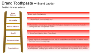 Brand Toothpaste – Brand Ladder
Benefit
Brand
Essence
Personality
Reason to Believe
Target Audience
Consumer Insight
Strong teeth, Healthy teeth
• Friendly, Family care, Complete care
• Strong Teeth, Healthy Gums, Fresh Breath
• I often lookout for toothpaste which shall give the benefits which strengthens my teeths, avoids
bad breath as complete package.
• Target audience living in urban + rural market who wants economical priced toothpaste but yet
multiple benefits. Ideal age group would be 18+ who understands the key benefits of our product.
• Fluoride: It’s a mineral by the composition that helps to strengthen the enamel on the teeth,
making them less susceptible to cavities
Establish the target audience
 