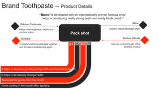 01 02 03 04
It helps in developing stronger teeth
Brand Toothpaste – Product Details
It helps in developing really strong teeth and minty fresh breath
Removes the germs from the mouth
Gives cooling in the mouth after applying
“Brand”is developed with an internationally proven formula which
helps in developing really strong teeth and minty fresh breath.”
Calcium Carbonate
Helps remove plaque, debris and
surface stains.
Silica
Used to repair damaged teeth
Sorbitol
It helps hold the toothpaste together,
and it's also a sweetening agent.
Sodium Silicate
Used to control the pH of the
finished product
Pack shot
 