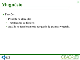  Funções:
• Presente na clorofila;
• Translocação de fósforo;
• Auxilia no funcionamento adequado de enzimas vegetais.
Magnésio
21
 