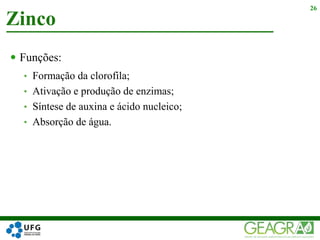  Funções:
• Formação da clorofila;
• Ativação e produção de enzimas;
• Síntese de auxina e ácido nucleico;
• Absorção de água.
Zinco
26
 